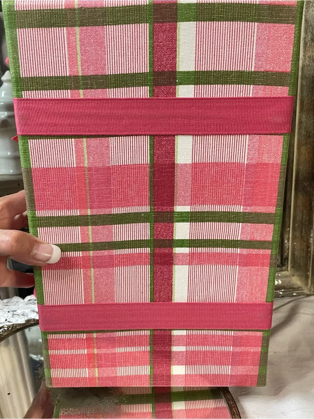Pink green white plaid fabric storage gift box